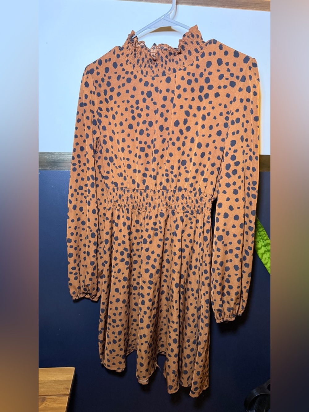 SHEIN  Brown and  Black Spot Shirred Waist Dress